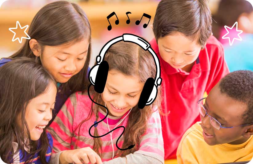 A group of children smiling while working on a project. One child in the center wears headphones.