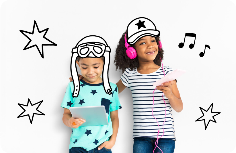 A young boy and girl wearing animated hats smile and listen to a podcast together