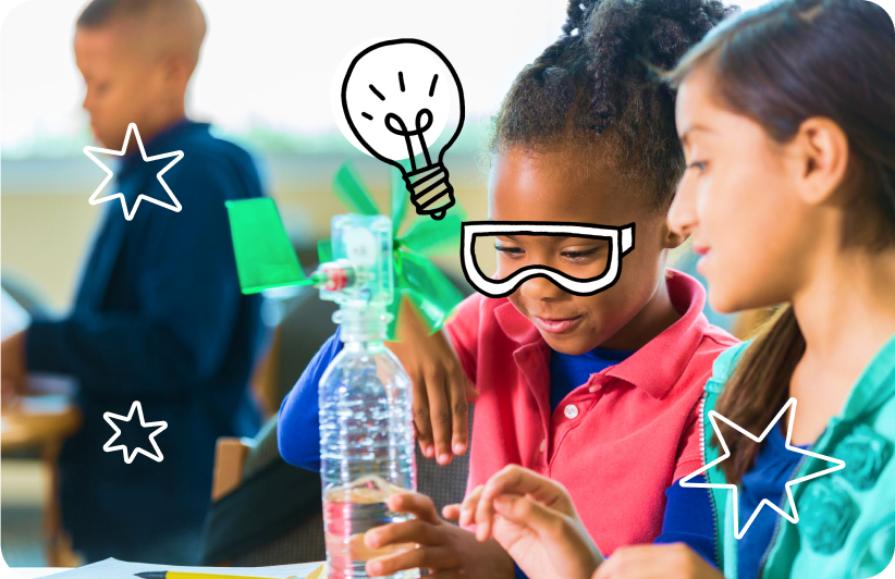 Two students, one of whom wears animated goggles, conduct an experiment with a water bottle and a propeller.