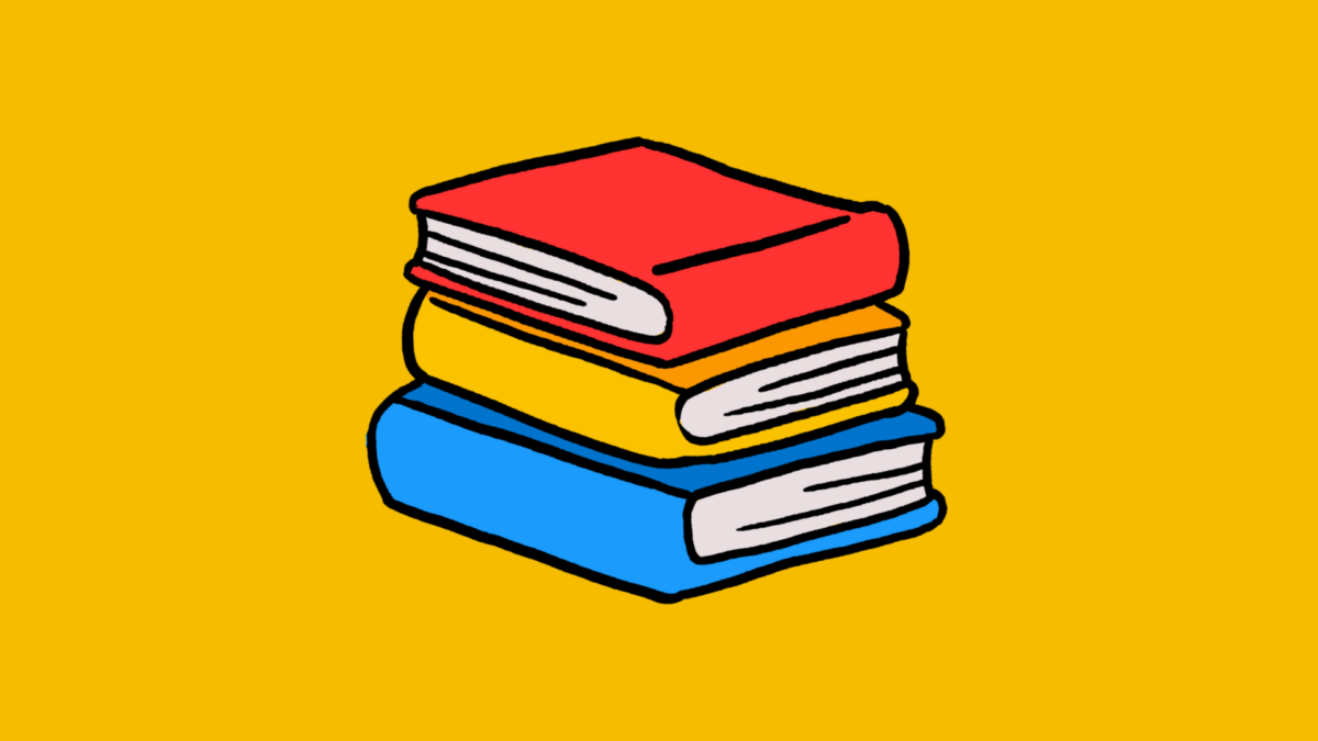 An animated stack of three books