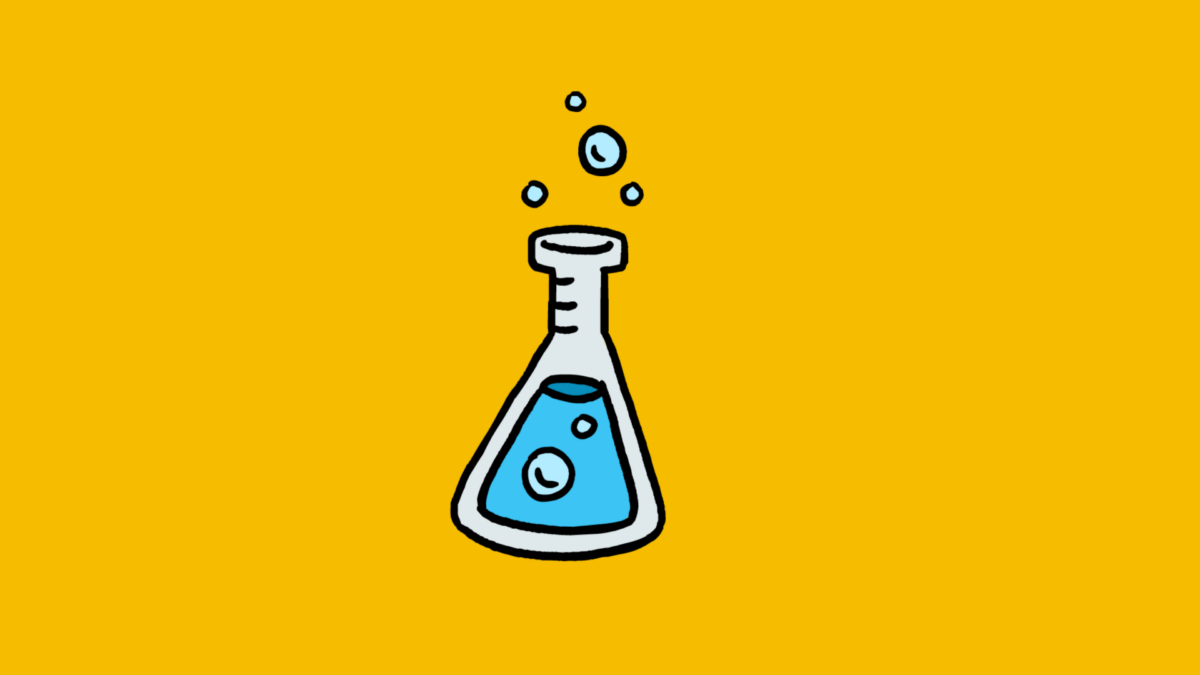 An animated beaker with blue liquid and bubbles 