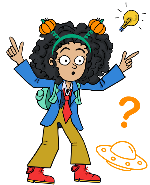 May contain Carly Q wearing a pumpkin headband, with a lightbulb, question mark, and UFO graphic nearby.