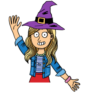 May contain a person with blonde hair wearing a purple witch hat, striped shirt, and blue denim jacket, waving.