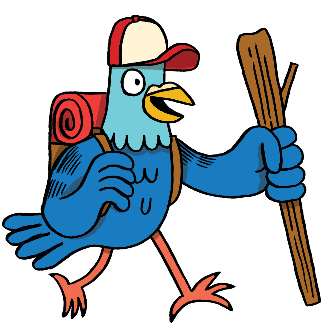 May contain a cartoon Reggie pigeon wearing a cap and backpack while holding a hiking stick.