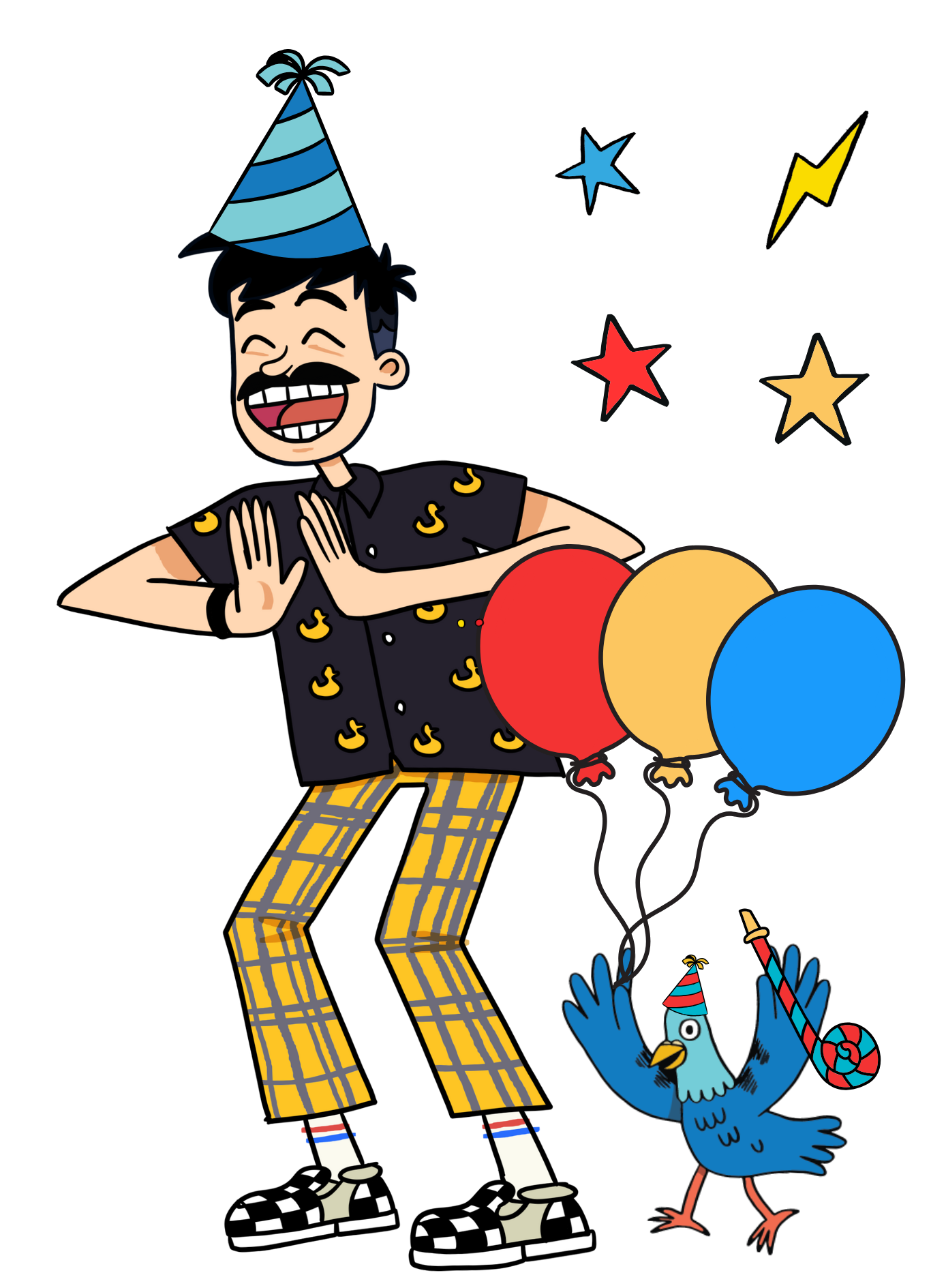 May contain Dennis wearing a party hat and a bird holding balloons and a party blower, surrounded by stars.