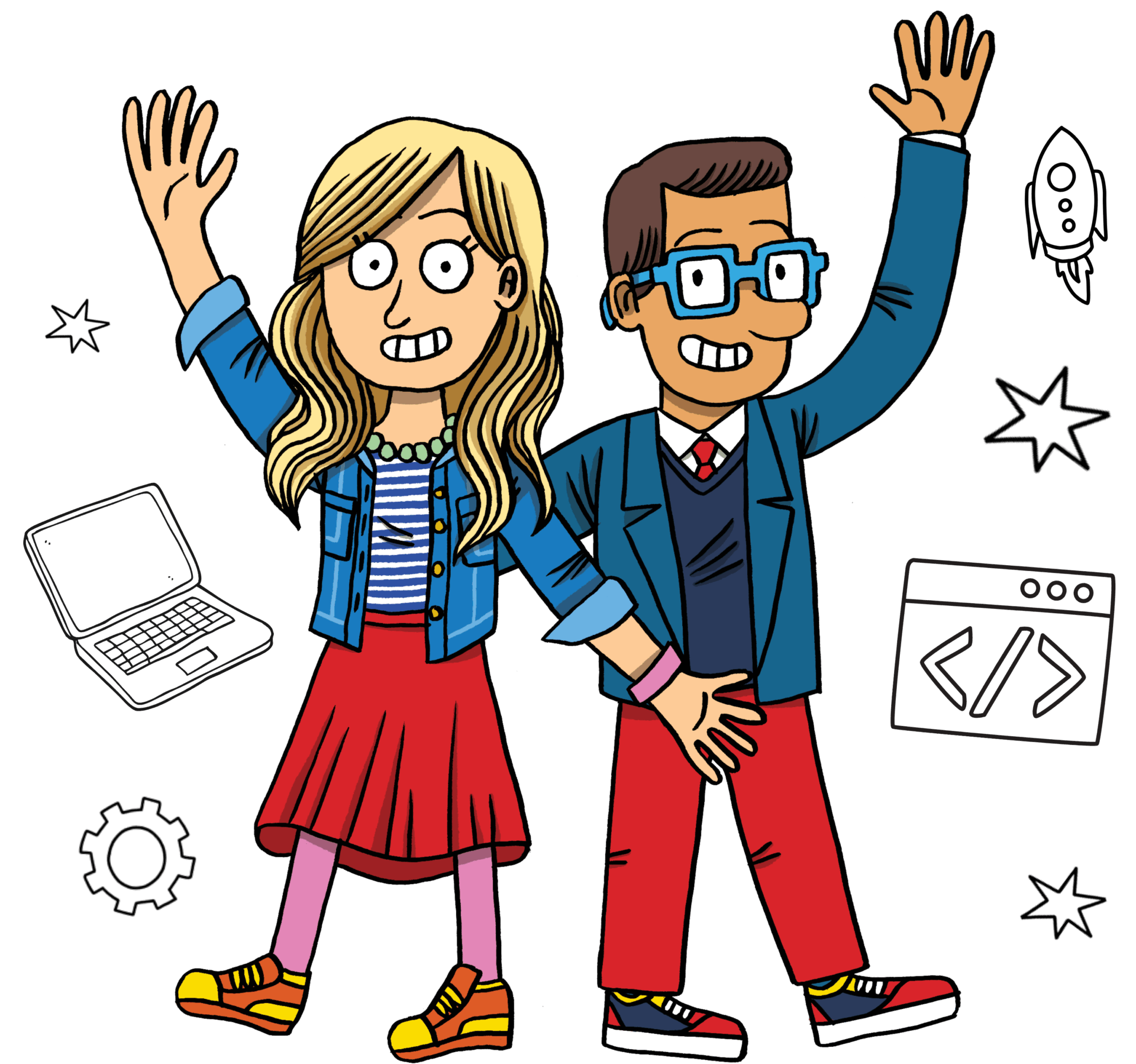 May contain Mindy and Guy Raz waving, surrounded by icons of a laptop, a rocket, a gear, and coding brackets.