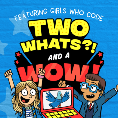 May contain Mindy and Guy Raz celebrating in front of a laptop showing a bird graphic under the text Two Whats?! And A Wow!