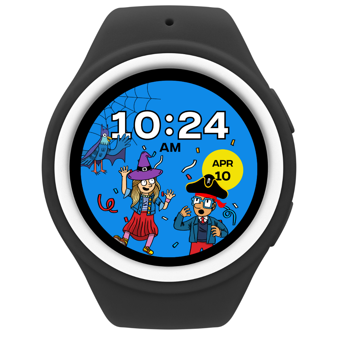 May contain a digital watch showing 10:24 AM, April 10, with Mindy and Guy Raz in costumes and a cartoon bat.