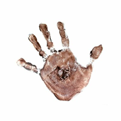 May contain a brown handprint of a person on a white background.