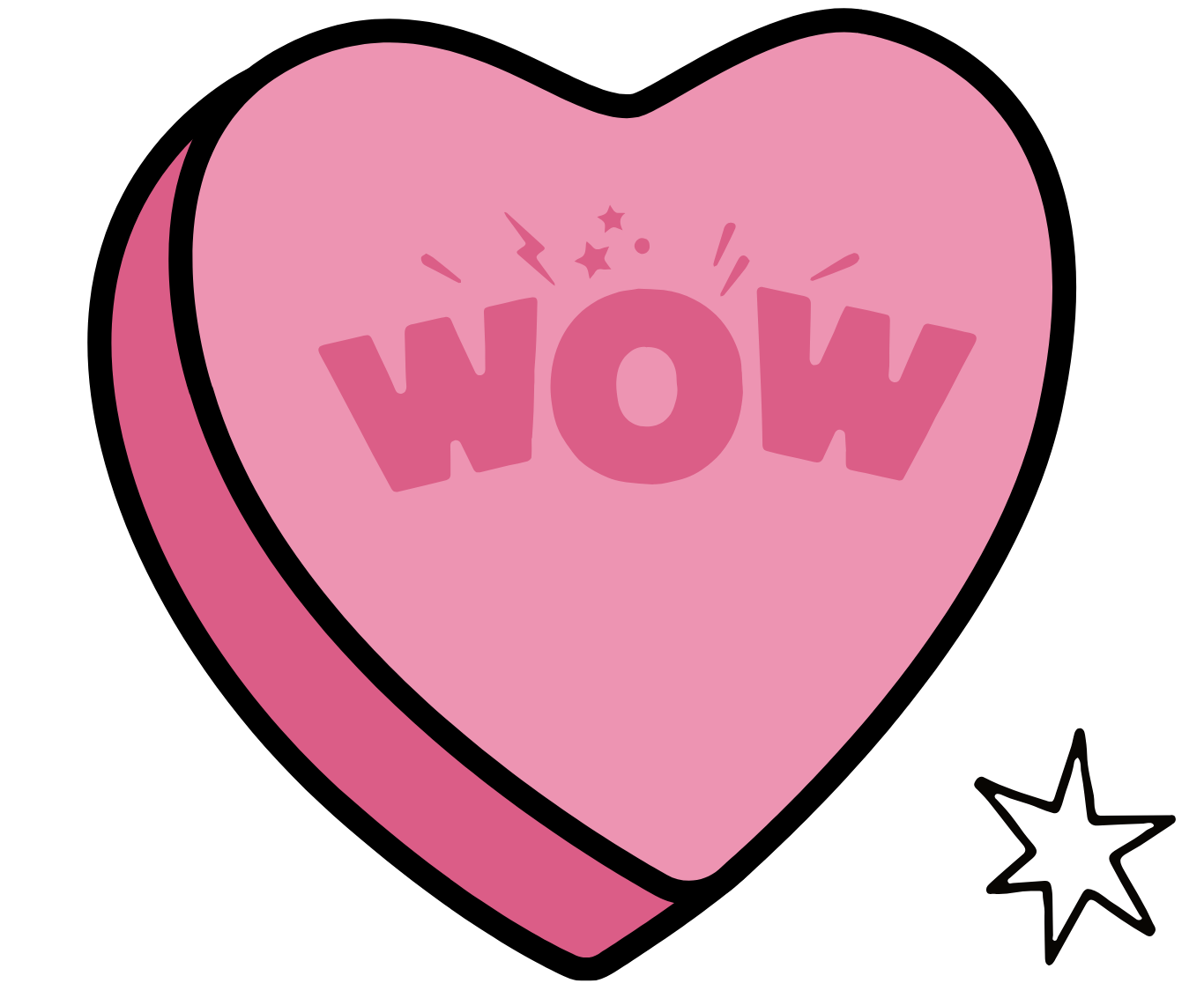May contain a pink heart-shaped candy with the text "WOW" and decorative sparkles.
