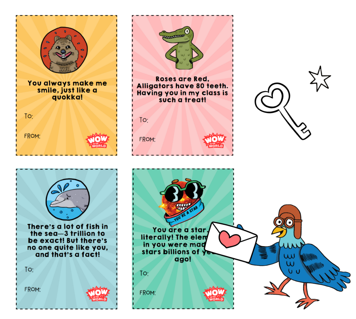 May contain four Valentine's cards featuring a quokka, alligator, dolphin, and sun, plus a key, star, and bird holding a note.