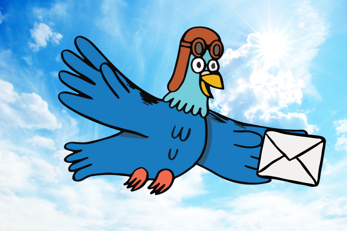 May contain a blue cartoon bird wearing an aviator hat and goggles, flying through the sky and carrying an envelope.