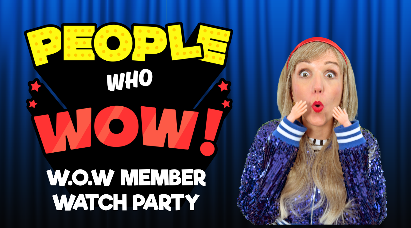 May contain Mindy with miniature hands over their mouth in front of a People Who Wow watch party graphic.