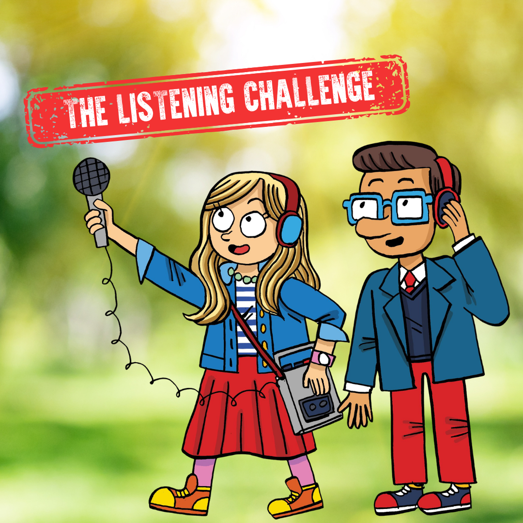 May contain Mindy and Guy Raz with headphones and a microphone under a sign that reads The Listening Challenge.