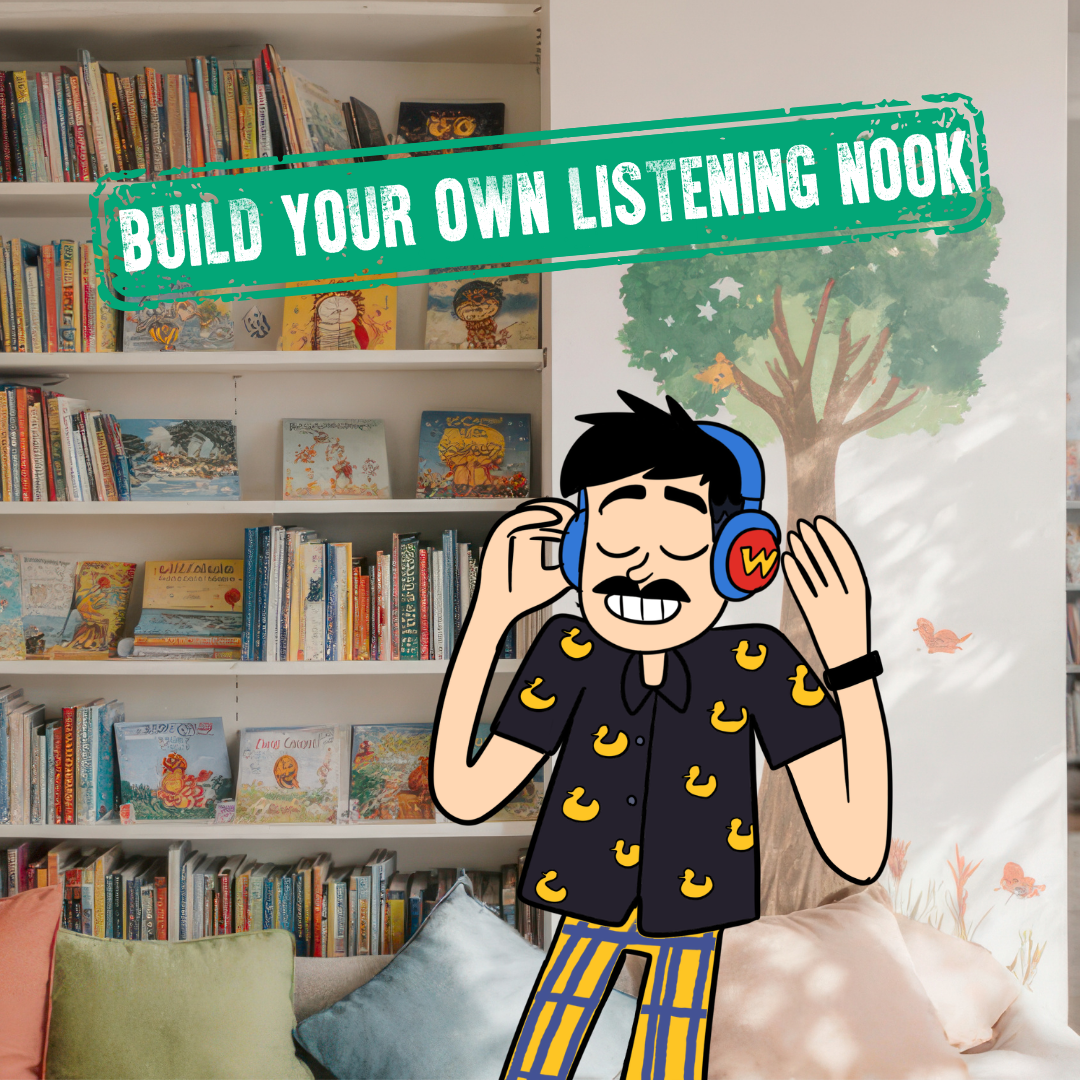 May contain an illustration of Dennis wearing headphones and a duck-patterned shirt in front of a bookshelf.