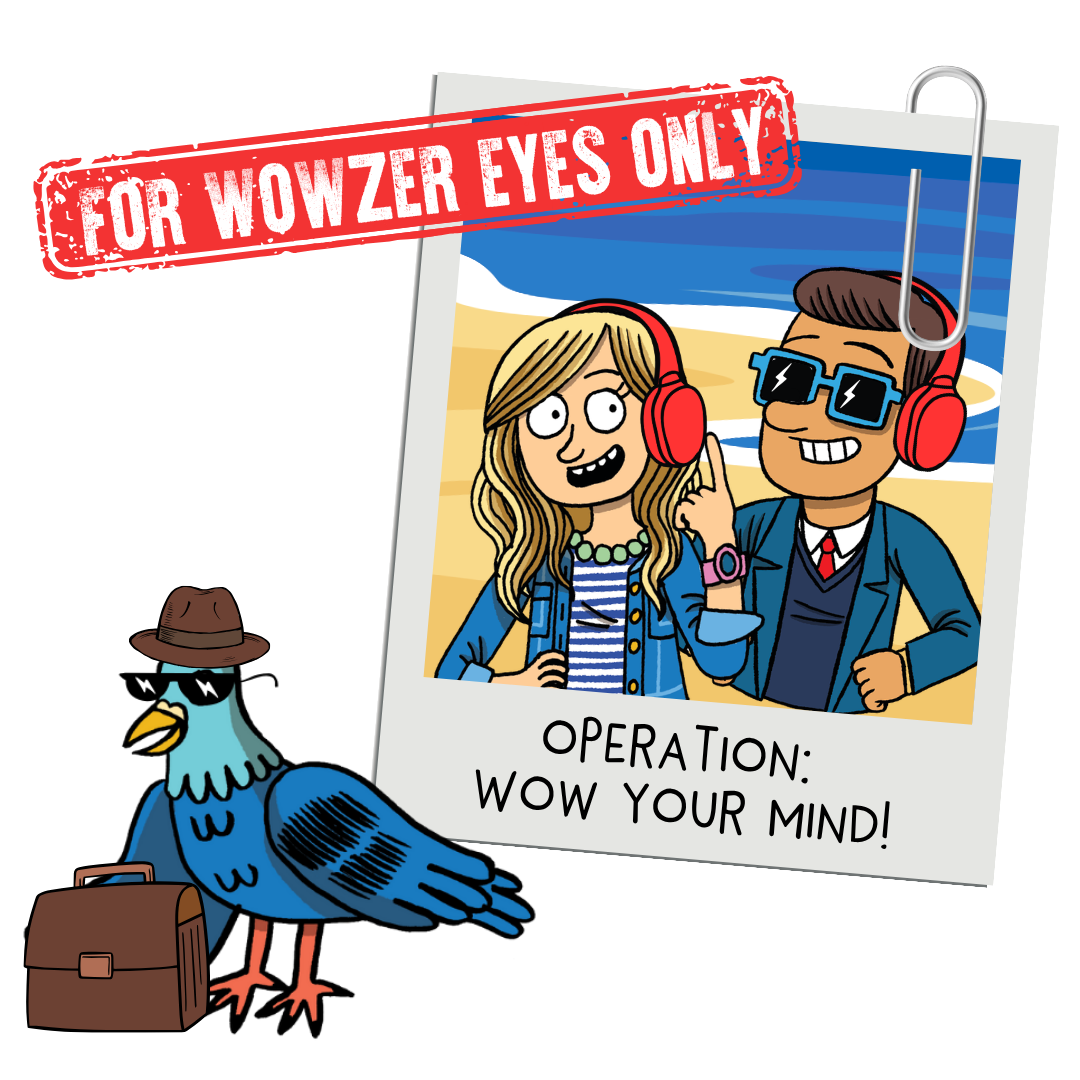 May contain Mindy and Guy Raz in a photo with a bird wearing a hat and carrying a briefcase.