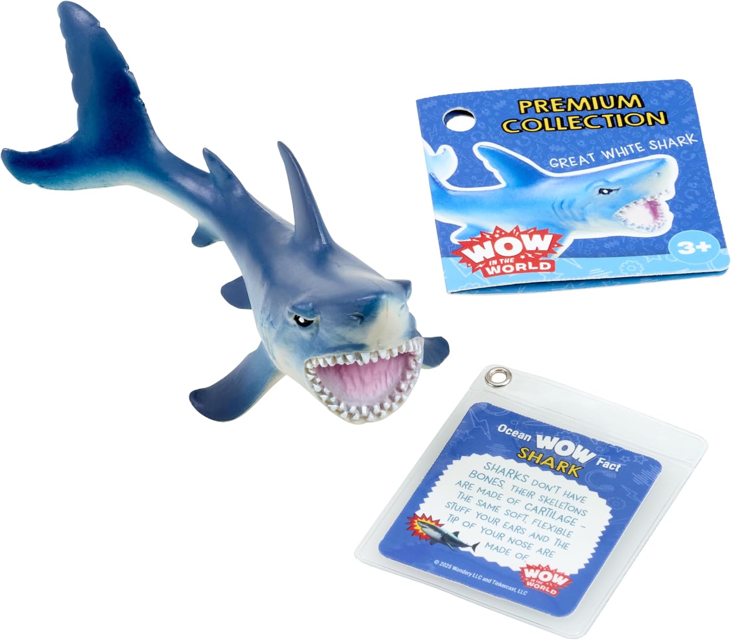 May contain a toy great white shark next to a product information card and a fact card about sharks.