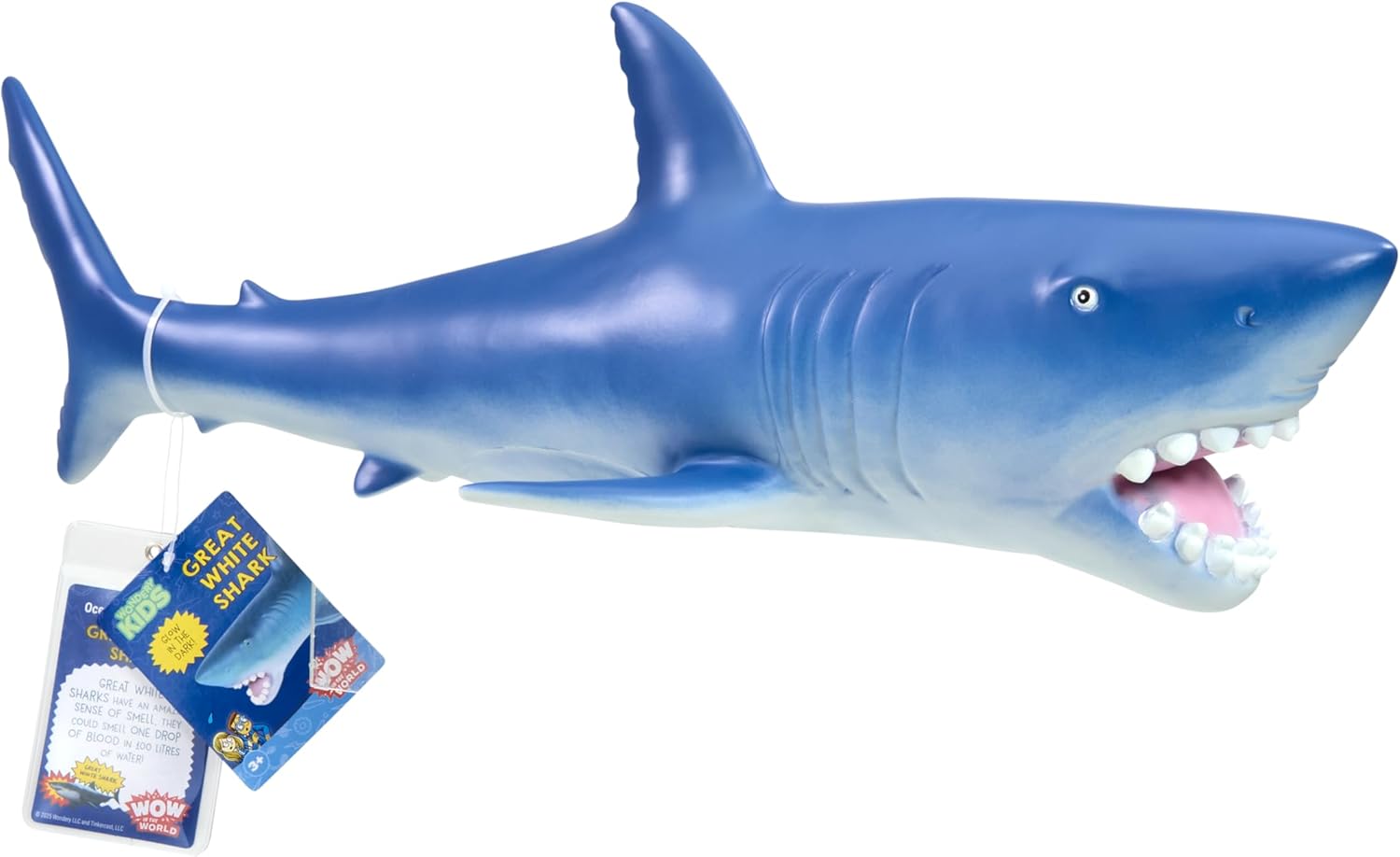 May contain a blue Great White shark toy with an open mouth and a tag attached.