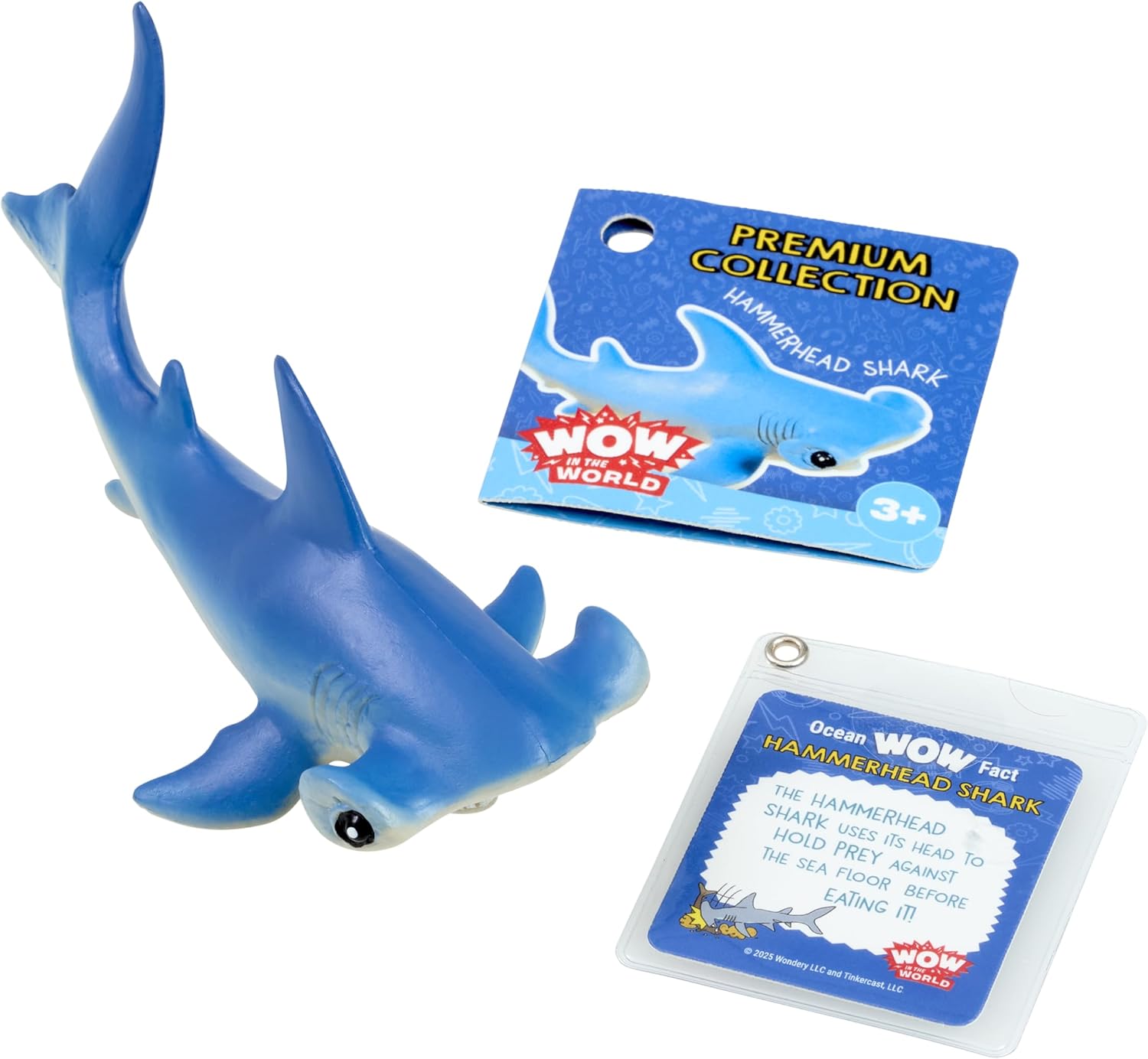 May contain a blue hammerhead shark toy with branded packaging and a fact card.