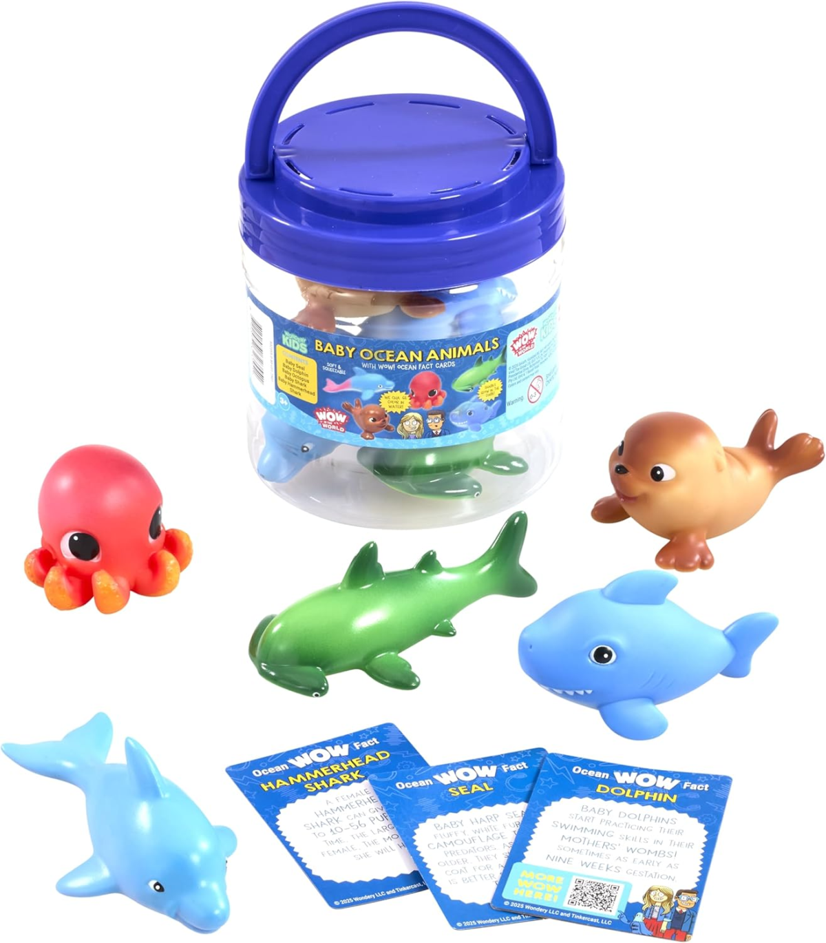 May contain a plastic tub of ocean animal toys, loose toy animals, and fact cards with illustrations of a person.