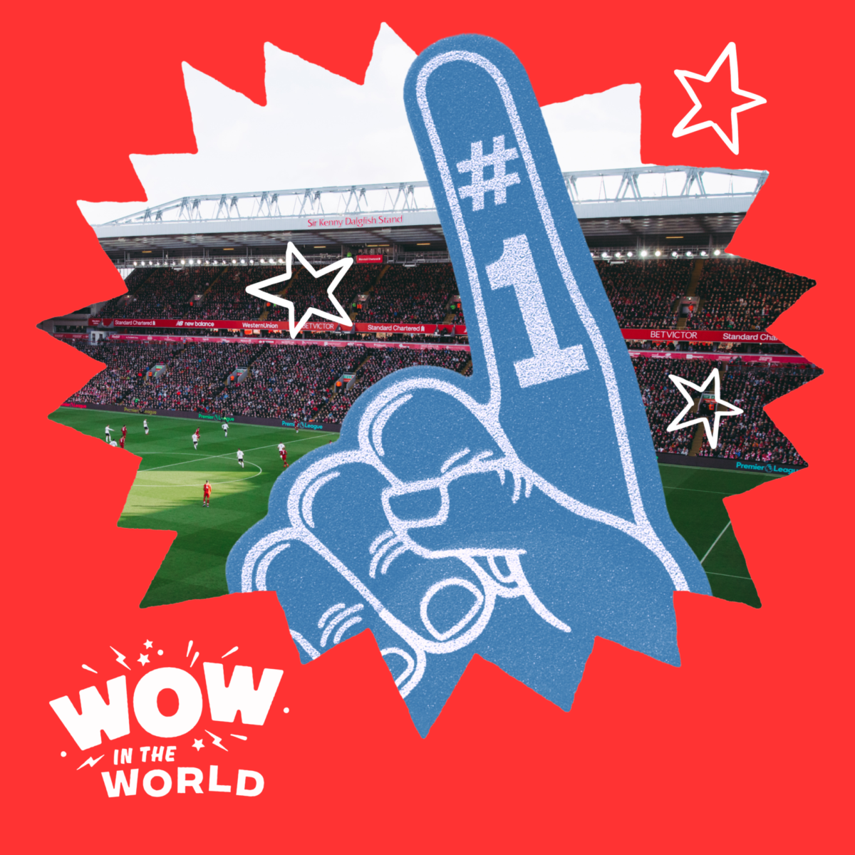 May contain a blue foam finger with a #1 symbol over a football stadium with people playing on the field.