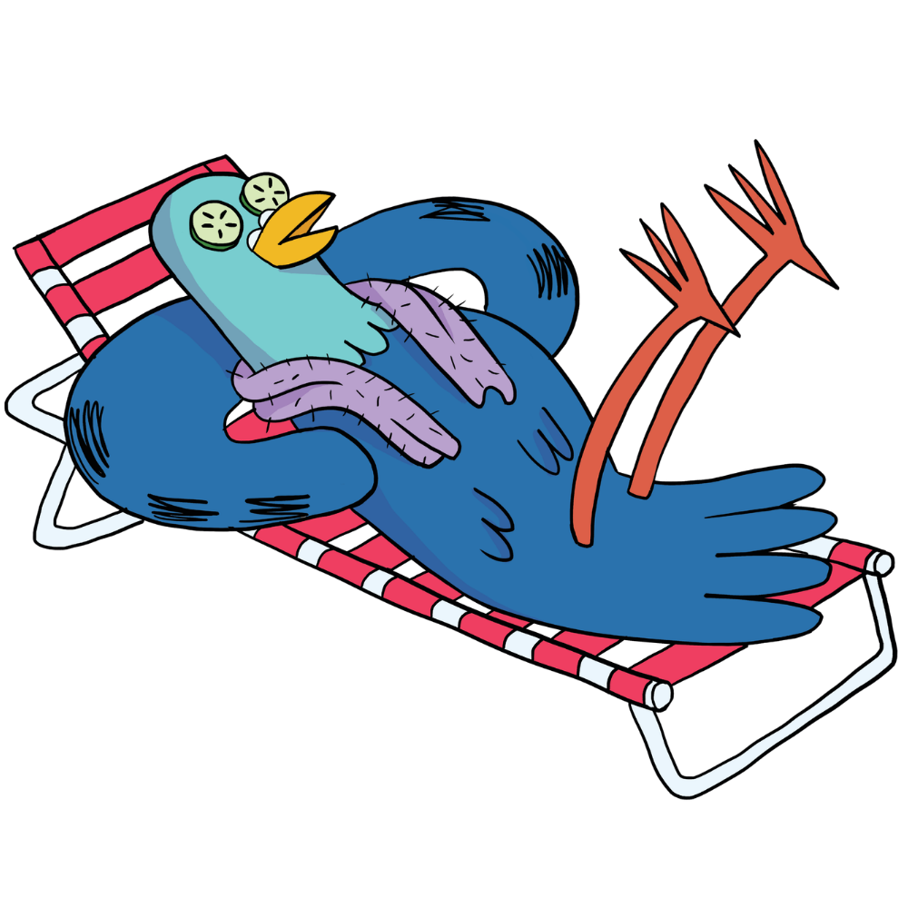 May contain cartoon Reggie pigeon wearing cucumber slices on its eyes while relaxing on a striped beach chair.