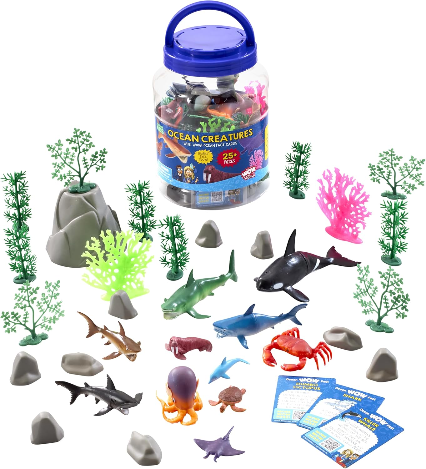 May contain a toy ocean creature set with a storage jar, plastic animals, plants, rocks, and fact cards.