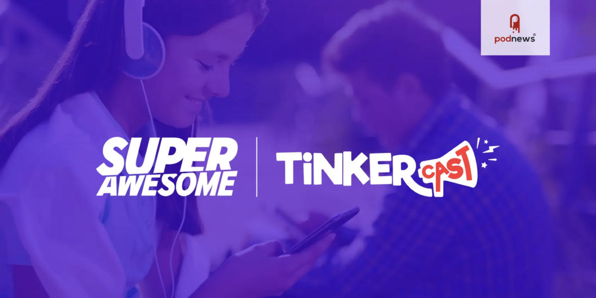 May contain two people with headphones and phones, with Super Awesome and Tinkercast logos.