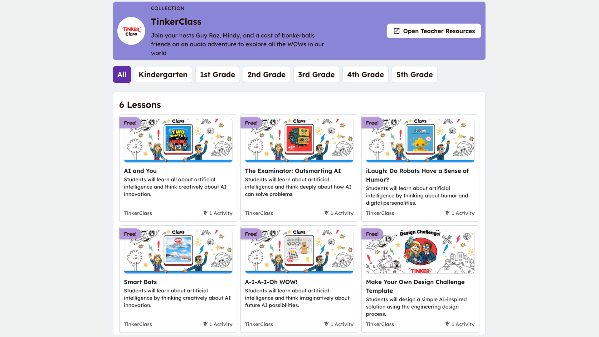 May contain a web page displaying six educational lessons about artificial intelligence for children.
