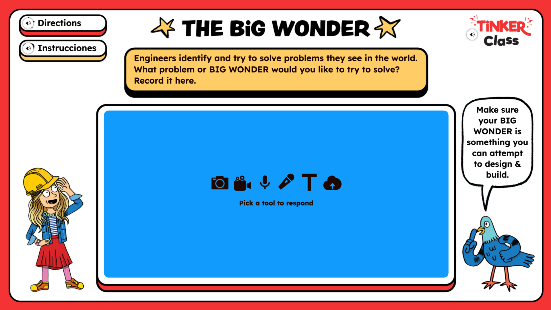 May contain a person wearing a hard hat, a blue screen with tool icons, and a bird mascot.