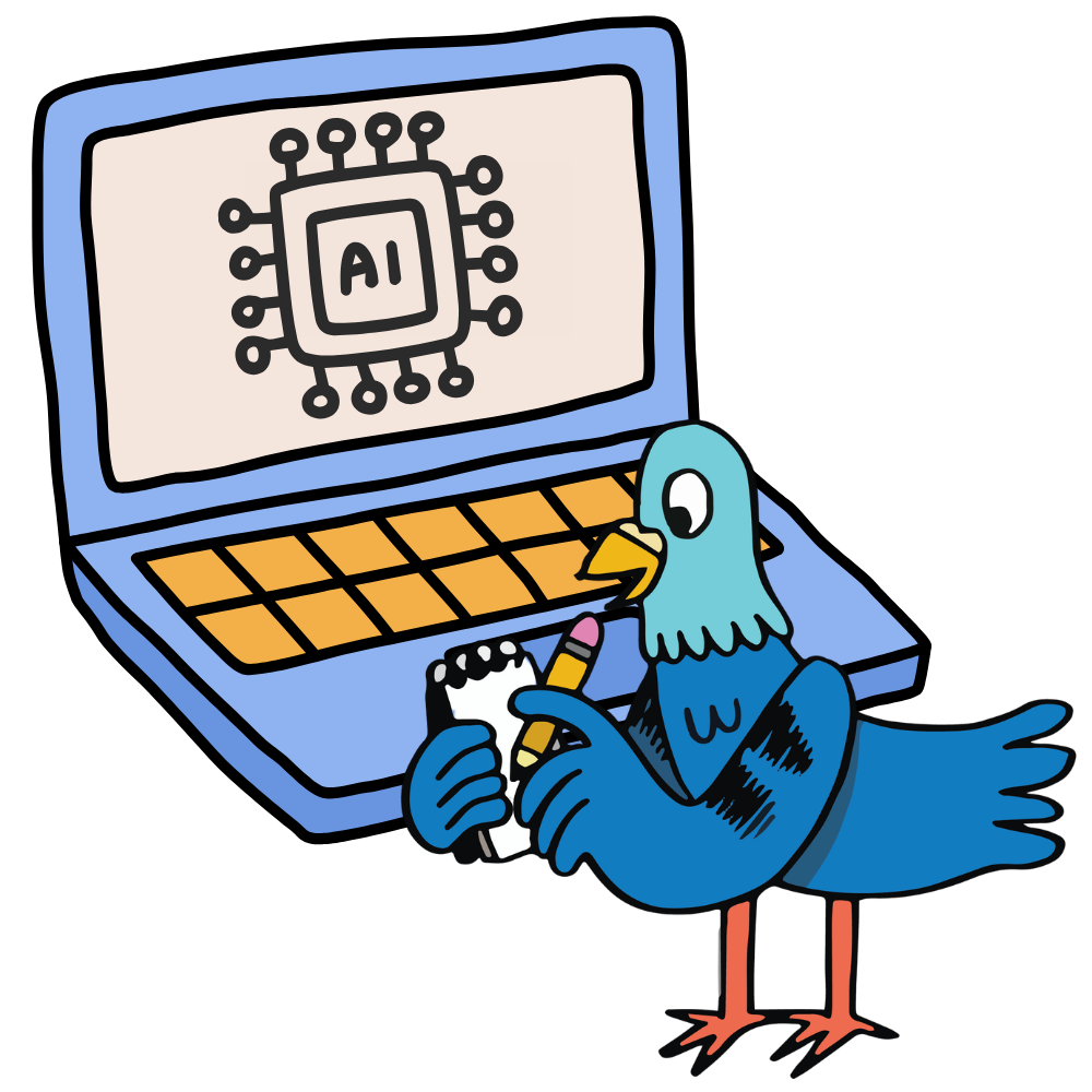 May contain a blue bird holding a pencil and notepad in front of a laptop displaying an AI chip icon.