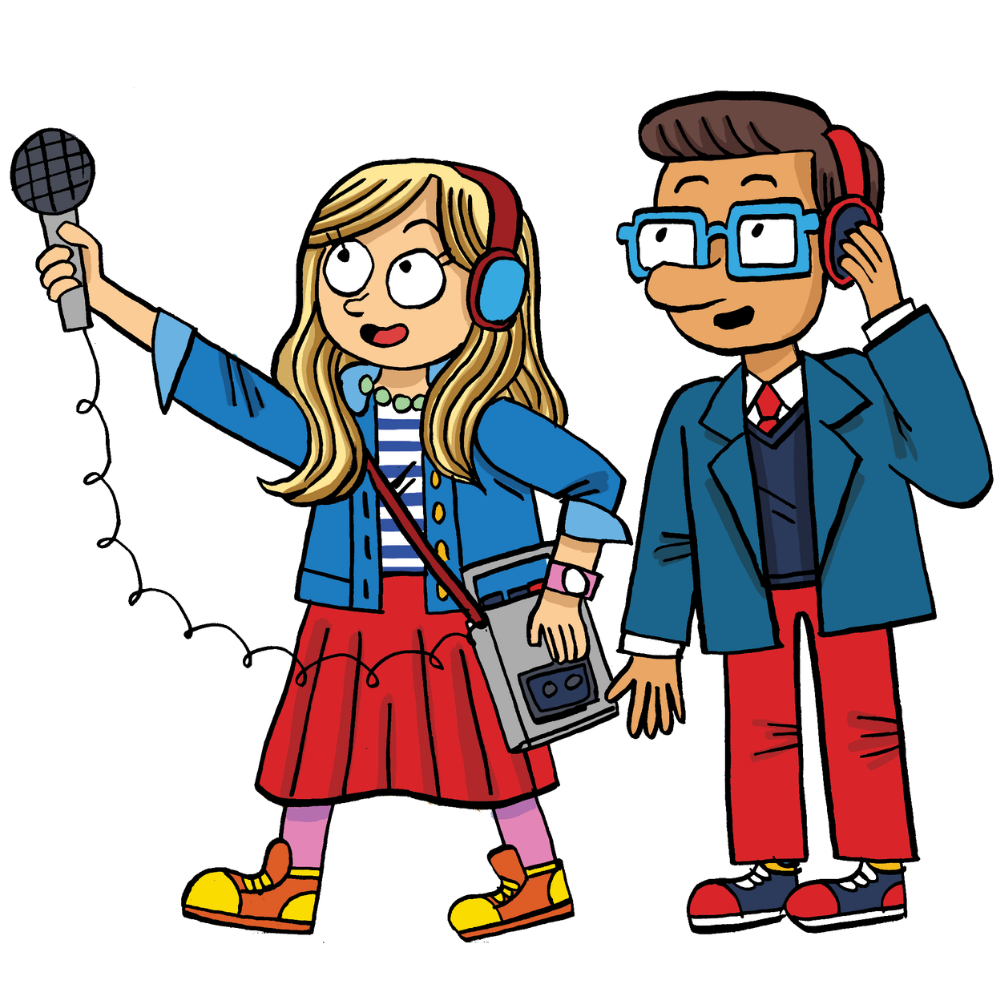 May contain two people with headphones, one holding a microphone connected to a recording device.