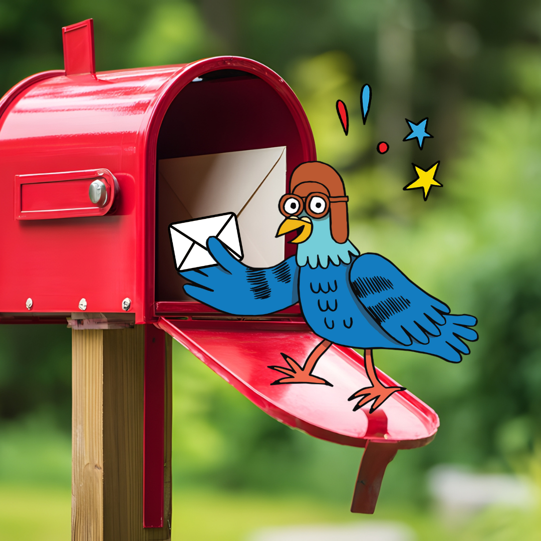 May contain a blue cartoon bird wearing a pilot's cap and goggles delivering a letter into a red mailbox.