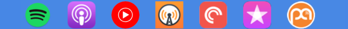 May contain seven app icons on a blue background: Spotify, Apple Podcasts, YouTube, AntennaPod, Pocket Casts, iTunes, and Podbean.
