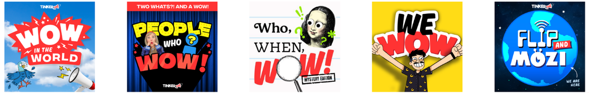 May contain five podcast covers showing text, a bird, a megaphone, a person, the Mona Lisa, and a magnifying glass.
