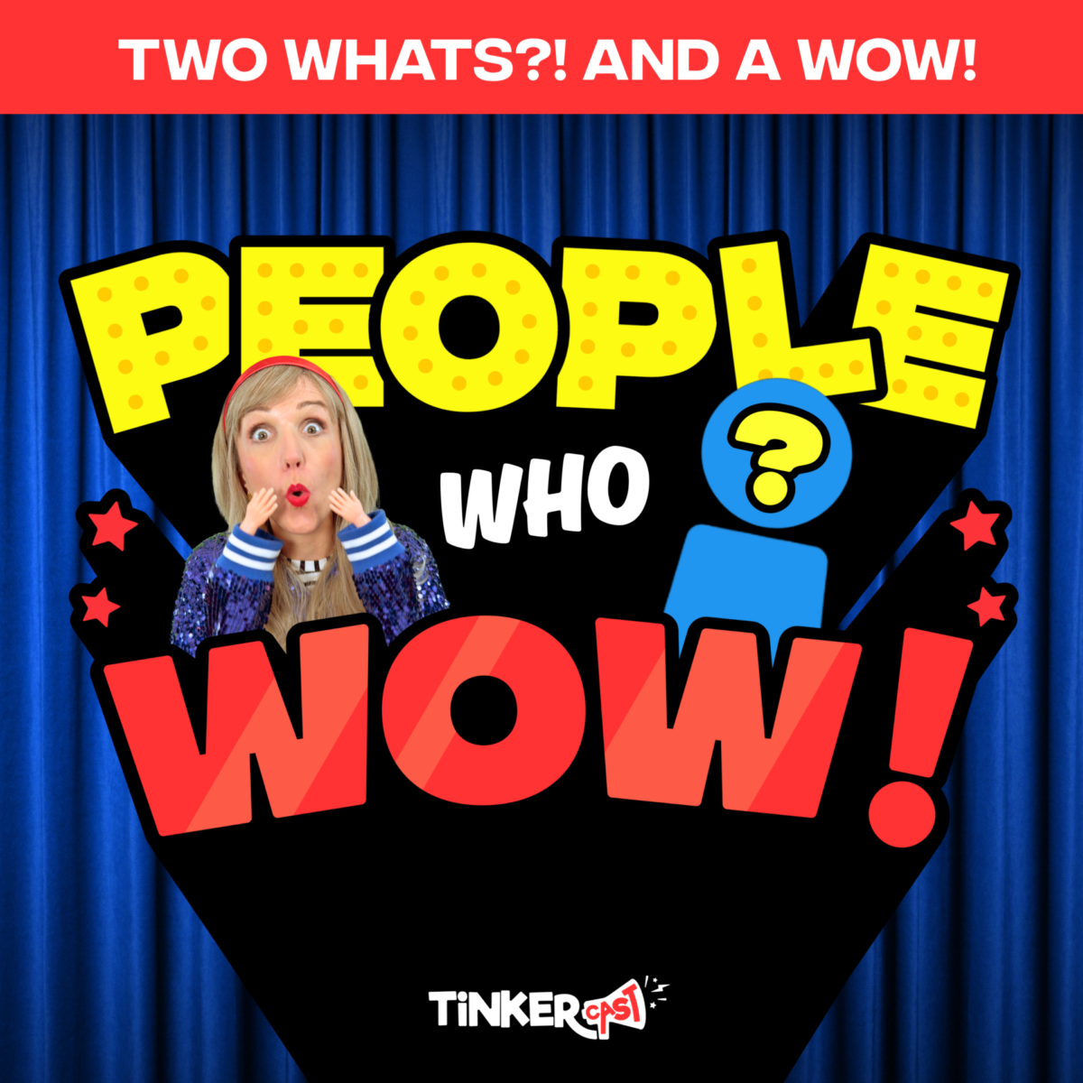 May contain a person with tiny hands in front of their face, next to the text "PEOPLE WHO WOW!" against a blue curtain.