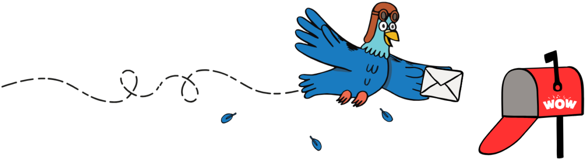 May contain a blue bird wearing pilot goggles flying with a letter toward a red mailbox with the word WOW on it.