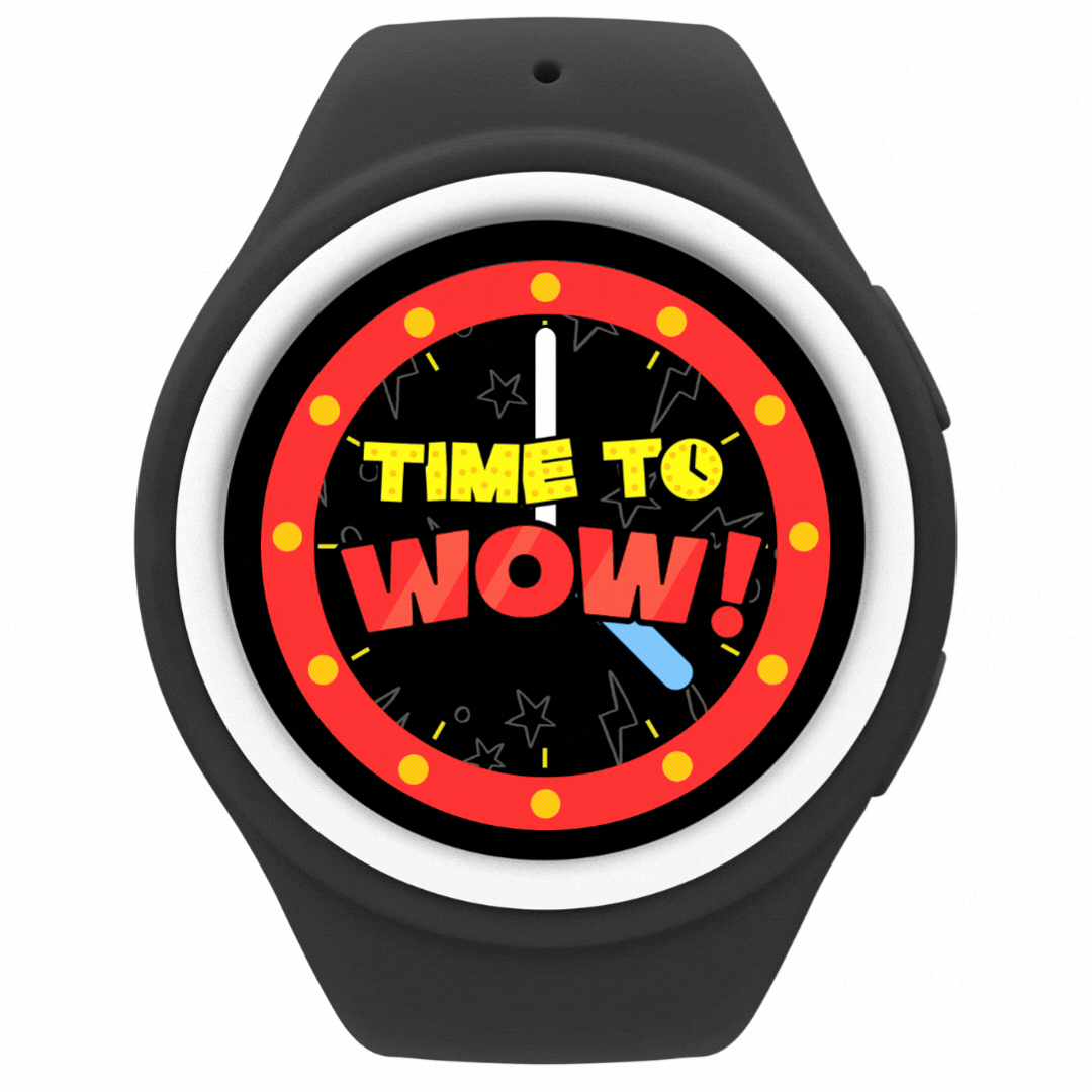 May contain a black smartwatch with a clock face reading "TIME TO WOW!" inside a red circle with yellow dots and star icons.