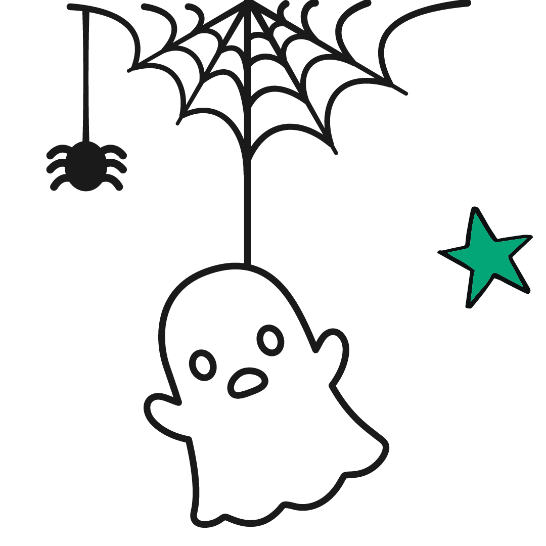 May contain a spider on a web, a ghost dangling from the center, and a green star.