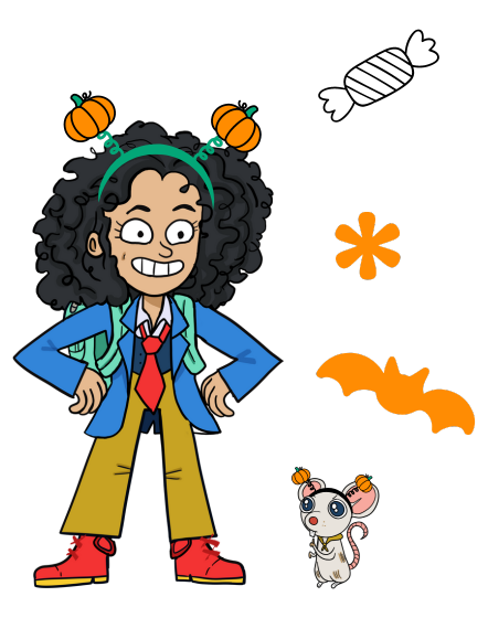 May contain a person with curly hair wearing pumpkin antennae, a small mouse, a candy outline, a star, and a bat shape.