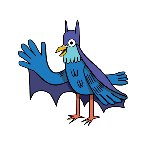 May contain a cartoon blue bird wearing a bat costume and waving.