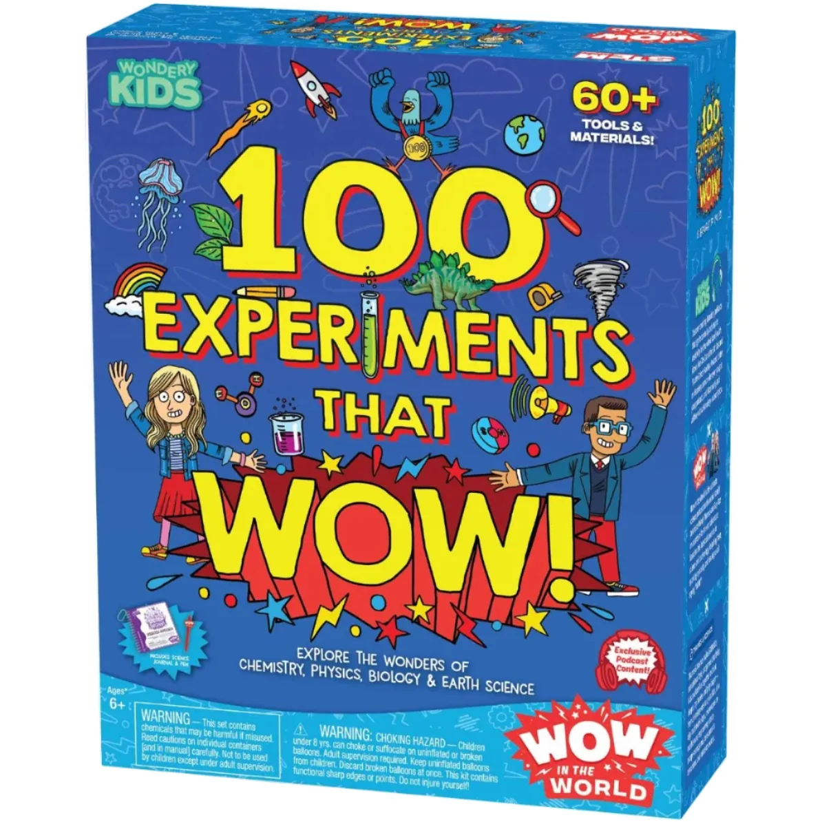 May contain box for 100 Experiments That Wow science kit featuring two people and various science icons on a blue background.